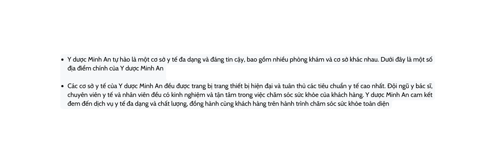 Y dược Minh An tự hào là một cơ sở y tế đa dạng và đáng tin cậy bao gồm nhiều phòng khám và cơ sở khác nhau Dưới đây là một số địa điểm chính của Y dược Minh An Các cơ sở y tế của Y dược Minh An đều được trang bị trang thiết bị hiện đại và tuân thủ các tiêu chuẩn y tế cao nhất Đội ngũ y bác sĩ chuyên viên y tế và nhân viên đều có kinh nghiệm và tận tâm trong việc chăm sóc sức khỏe của khách hàng Y dược Minh An cam kết đem đến dịch vụ y tế đa dạng và chất lượng đồng hành cùng khách hàng trên hành trình chăm sóc sức khỏe toàn diện